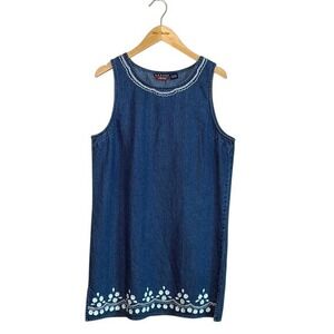 AGAPO Women Large Vintage 90s Cotton Denim Embroidered‎ Sleeveless Shift Dress